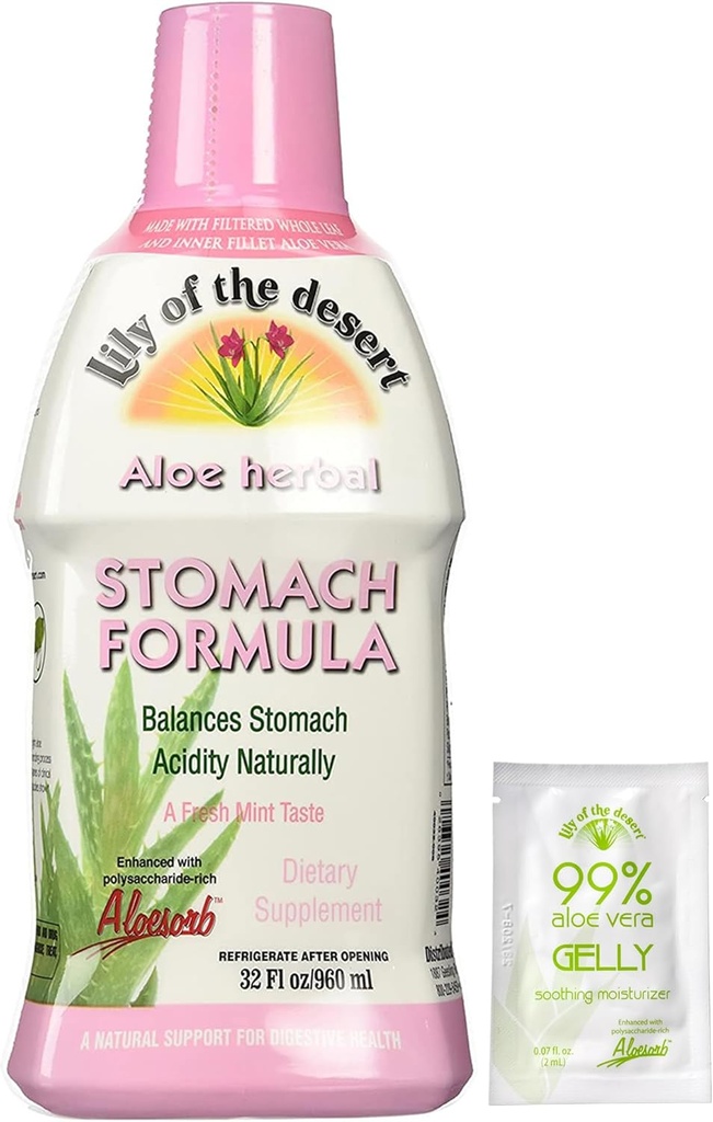 Fórmula Lily of The Desert Stomach, Suco Orgânico de Aloe Vera com Elm Slippery, Camomila, hortelã e Ginger para Gut Health, Reflux Ácido, Azia Alívio, 32 Oz, Gely Sachet Incluído.
