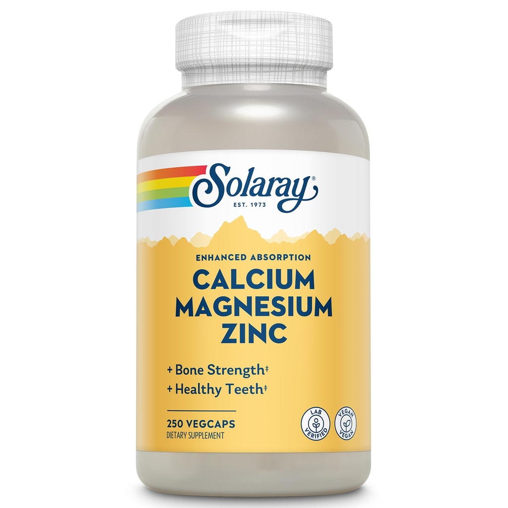 SOLARAY Cálcio Magnésio Zinco Suplemento - com cálcio 1000mg, Magnésio 500mg - Saúde Óssea, Função Músculo, Saúde do Coração e Apoio Imune - Vegan, 60 Dia Garantia, 62 Servimentos, 250 VegCaps