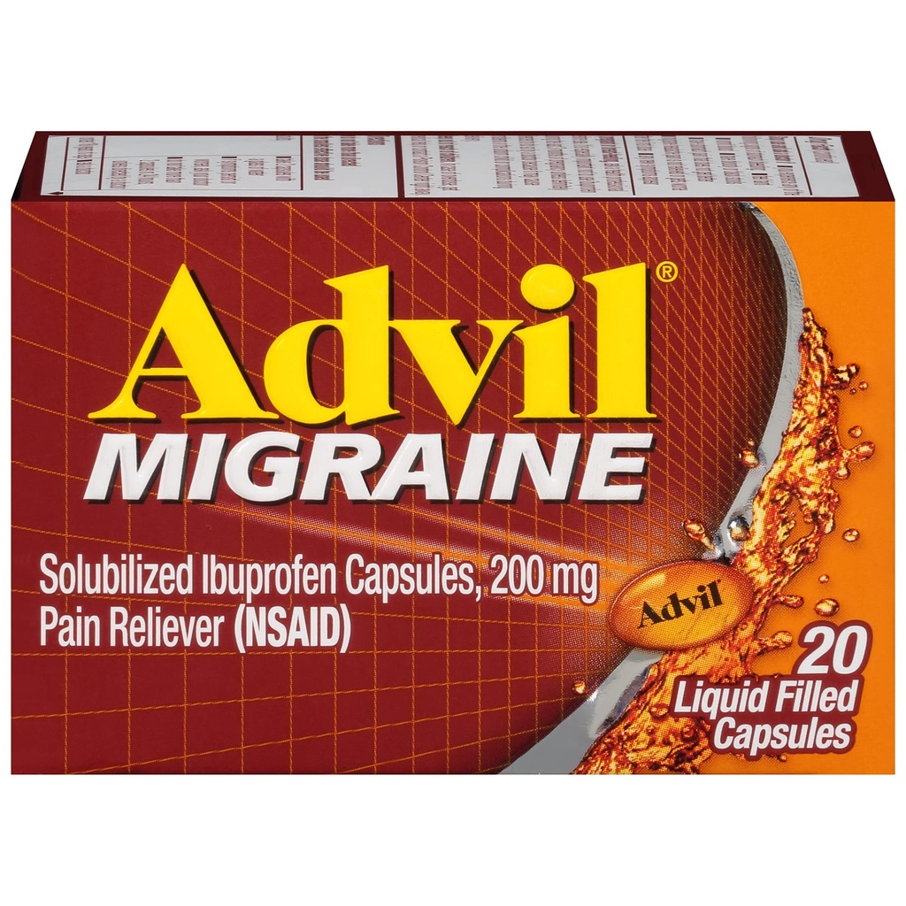 Advil Migraine Relief Cefaleias, Ibuprofeno Cápsulas com Ibuprofeno 200mg para Migraine Relief, Náusea Relief e Luz Relief Sensibilidade - 20 Cápsulas Enchedas Líquidas