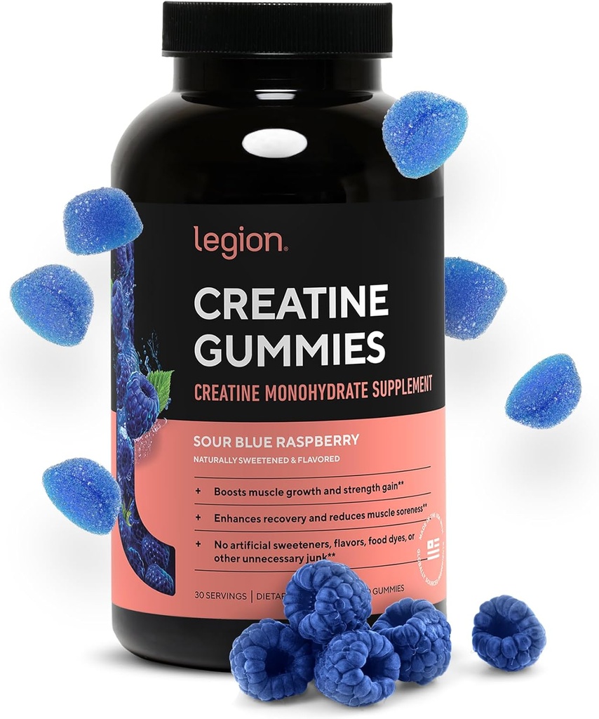 LEGIÃO Creatina Gummies mono-hidratadas – Suplemento Creatina mastigável limpa para força, resistência e recuperação muscular – 30 Azedo azul framboesa sabor Servings – Sem sabores artificiais ou adoçantes