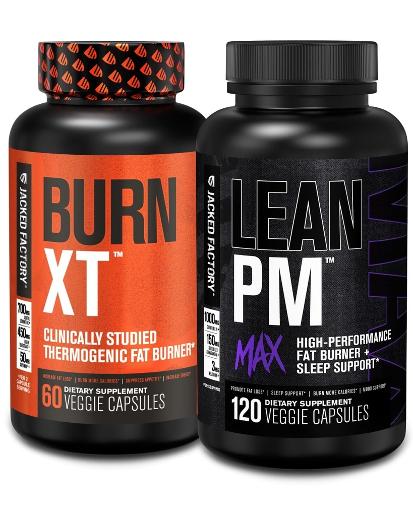 Fábrica Jacked Burn-XT Clinicamente estudada Perda de Peso Termogênico (60 Cápsulas) - Lean PM MAX Sleep Aid (120 Cápsulas) para Supressão de Apetite (180 Cápsulas)