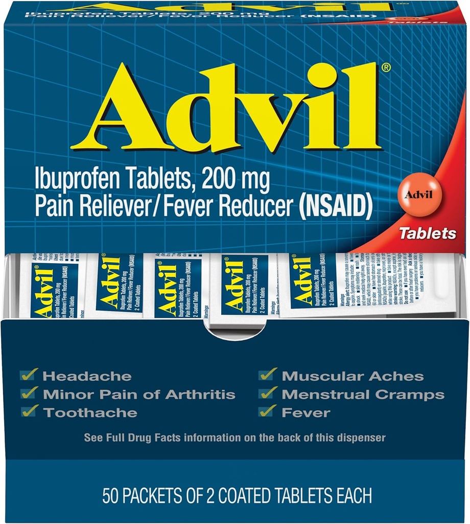 Advil Ibuprofeno, 200 mg, 50 embalagens de 2 comprimidos revestidos (Pacote de 5)
