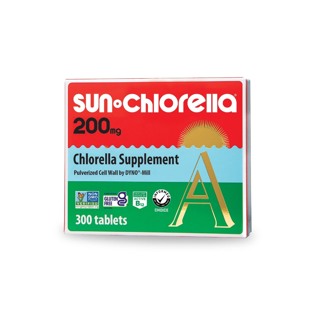 Sun Chlorela 200 mg Verde Algas Suplemento Superalimentar - Muralha Cell Pulverizada - Clorofila, CGF, Active B12, Ferro, Proteína - Não-GMO - 300 Comprimidos