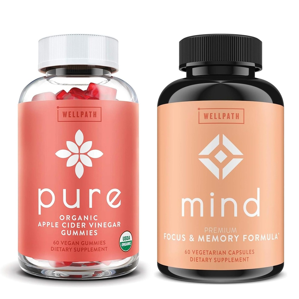 Vinagre de maçã pura com gomas de mãe e suplemento do cérebro da mente com mane do leão - Suporta foco e memória, 60 Ct cada