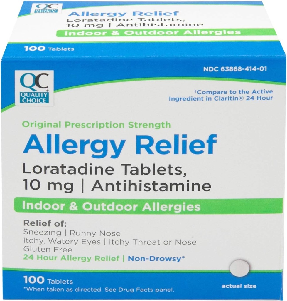 Qualidade Escolha 24 horas de medicina alergia, Alívio não-drowsy para Alergias internas e ao ar livre, Loratadine 10mg Anti-histamínico, para alívio de espirros, Nariz runny, Comichão & olhos aguados, 100 contagem