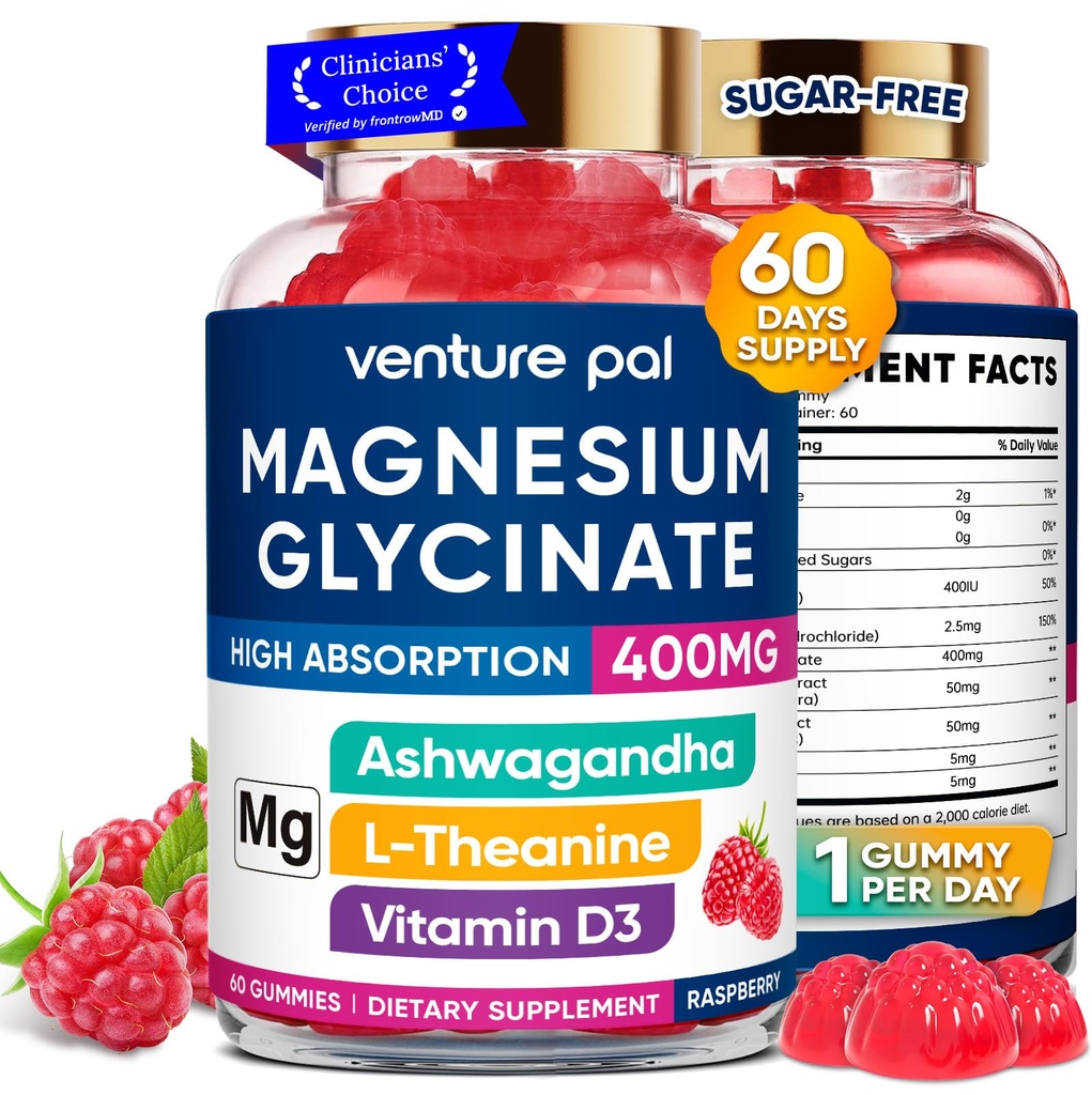 60 dias de fornecimento de magnésio Glicerinato 400mg Gummies com Ashwagandha, L-Theanina, CoQ10, Vitamina D3 & B6, Pastilhas de magnésio livre de açúcar para adultos e crianças, alívio de estresse, sono & calma, Vegan, Glúten livre