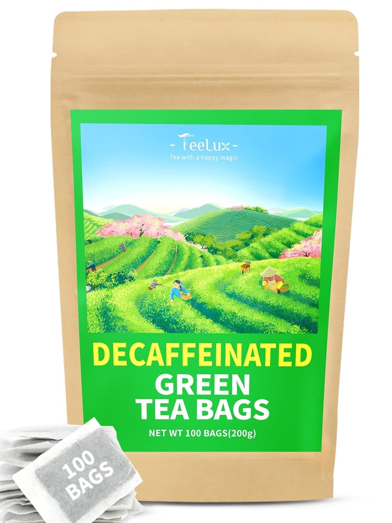 TeeLux Sacos de chá verde descafeinado puro, Super Antioxidante, 100 sacos de chá conde para chá quente e gelado
