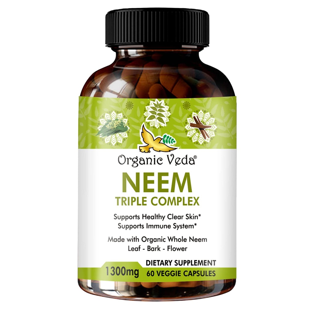Cápsulas orgânicas Veda Neem com triplo complexo Neem Leaf Extract, Bark & Flower - Suplemento de ervas aumenta imunidade, melhora a digestão, saúde da pele e limpeza de suporte - 60 Contagem