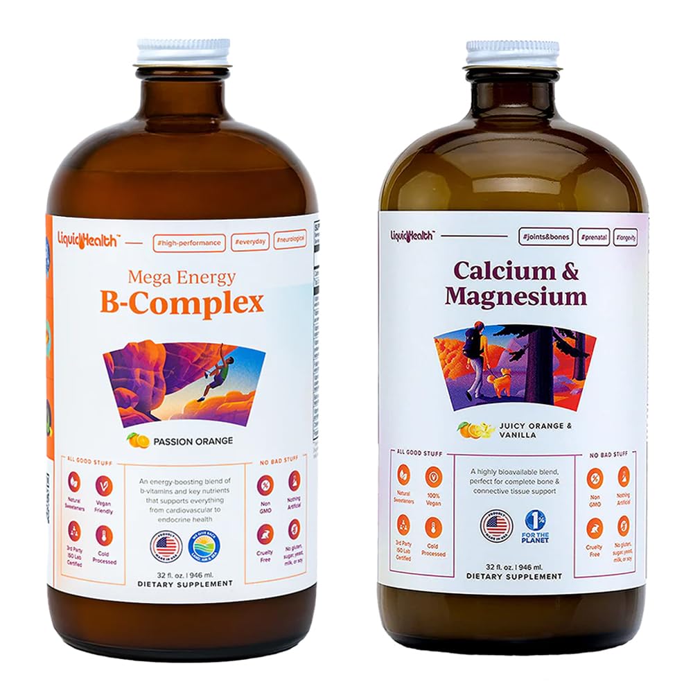 LIQUIDHEALTH Mega Energy B-Complex & Calcium and Magnesium Liquid Vitamin Bundle for Adults - Increase Natural Energy Level, Support Bone & Joint Health, Boost Immune System - Vegan, Non-GMO, USA Made