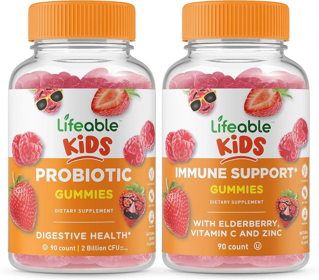 Vidable Probiótico 2 bilhões UFC Crianças + suporte imunológico Crianças, chicletes Bundle - Grande degustação, Suplemento Vitamina, Sem glúten, GMO livre, chiclete mastigável