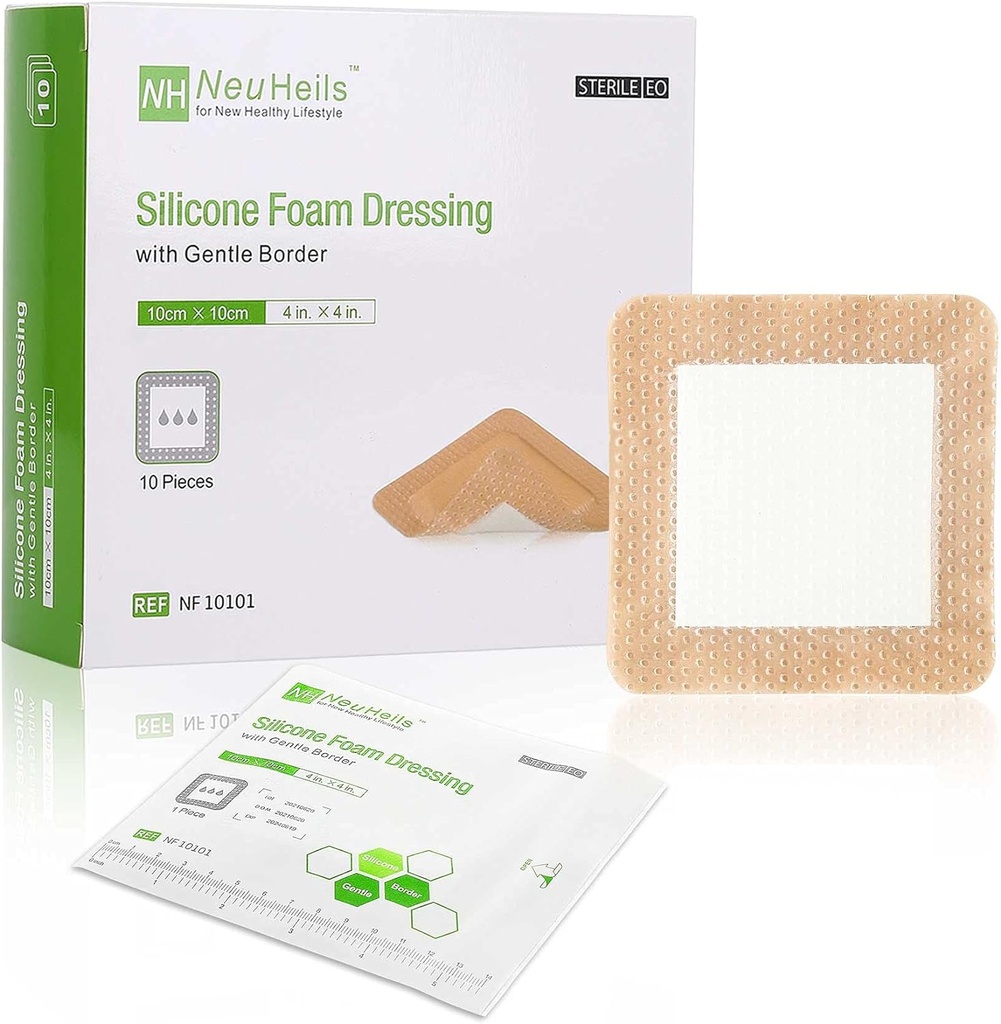 NeuHeils Silicone adesivo espuma vestir com borda suave 4''x4' para a cama dolorido perna Ulcer 10 Pack, alta absorção impermeável Silicone ferida bandagem