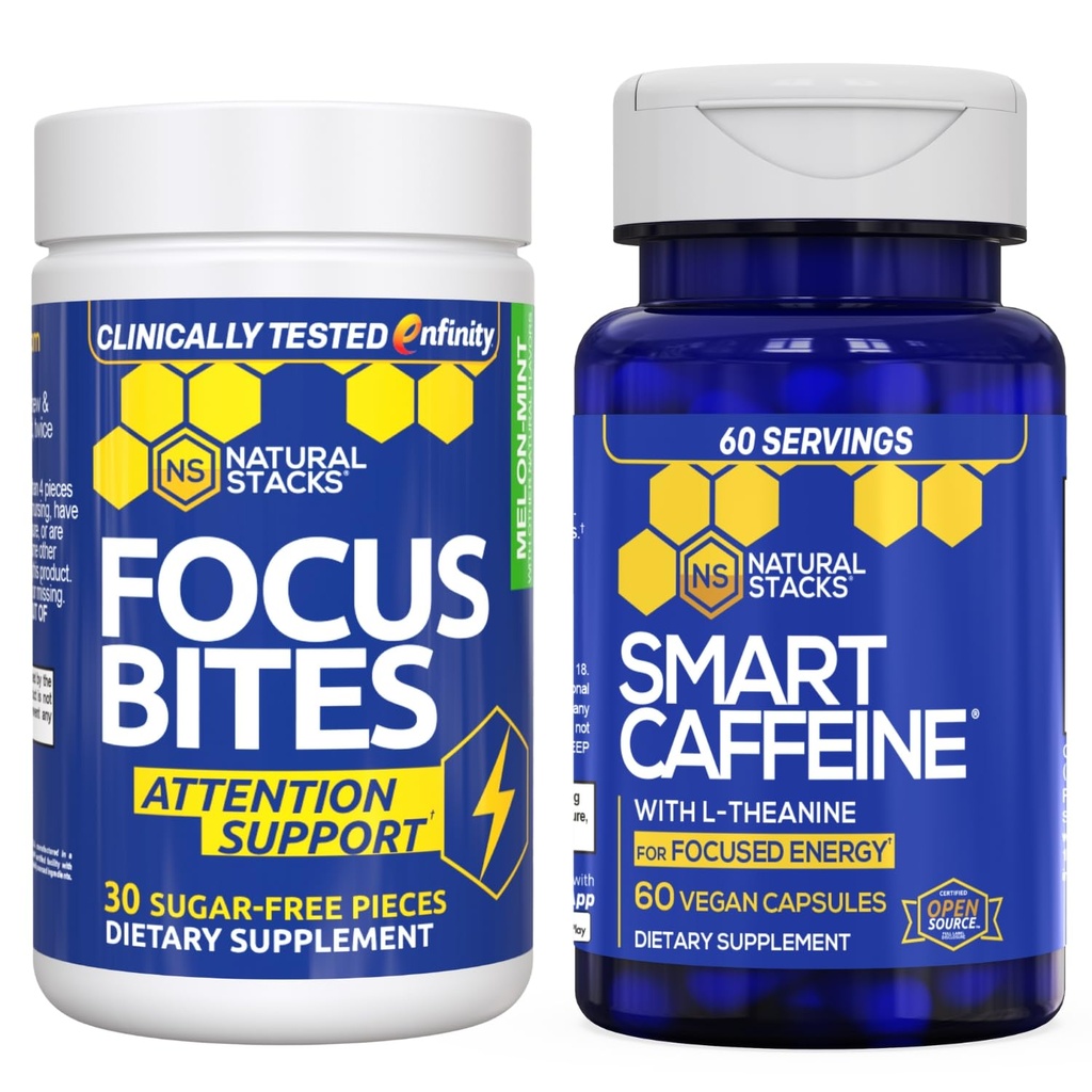 ESTAQUES NATURAIS Cafeína inteligente + Focus Bites Bundle - Suplementos de cafeína e paraxantina - Suporta energia e foco* - Sem Jitters ou crash - 90 Peças