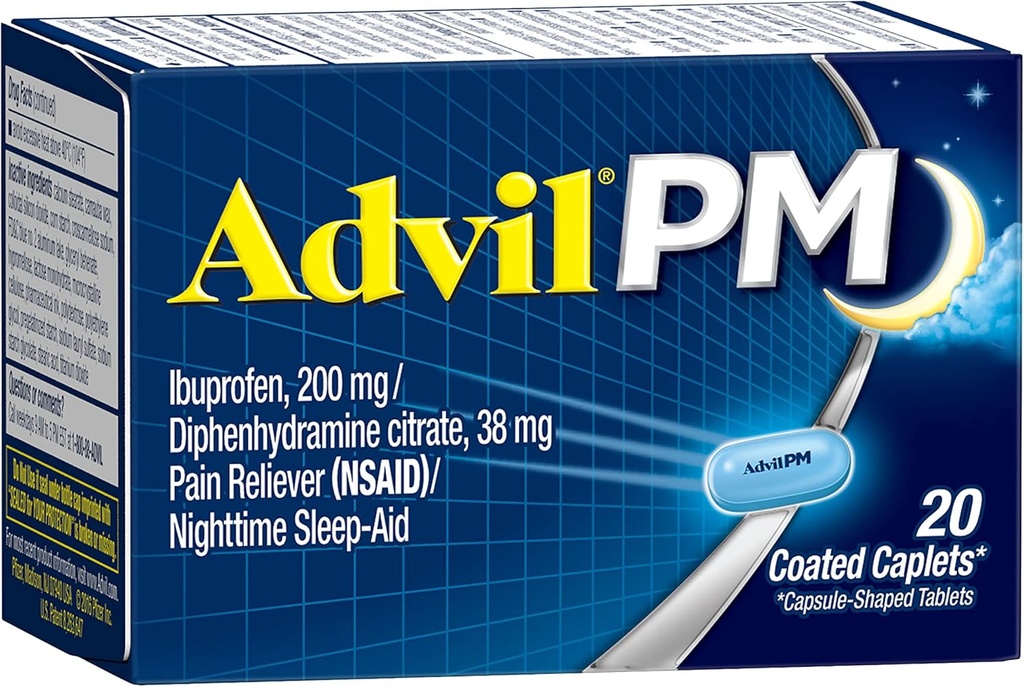 Advil PM (20 Contagem) Reliever Dor/Ajuda ao Sono Noturno Caplet revestido, 200mg Ibuprofeno, 38mg Difenidramina