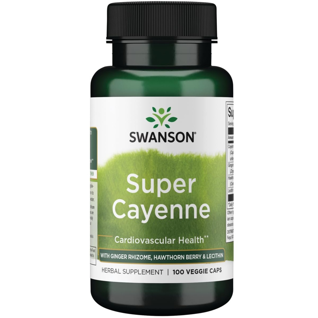 Swanson Super Cayenne - com Ginger Rhizome, Hawthorn Berry & Lecithin 100 Veg Caps