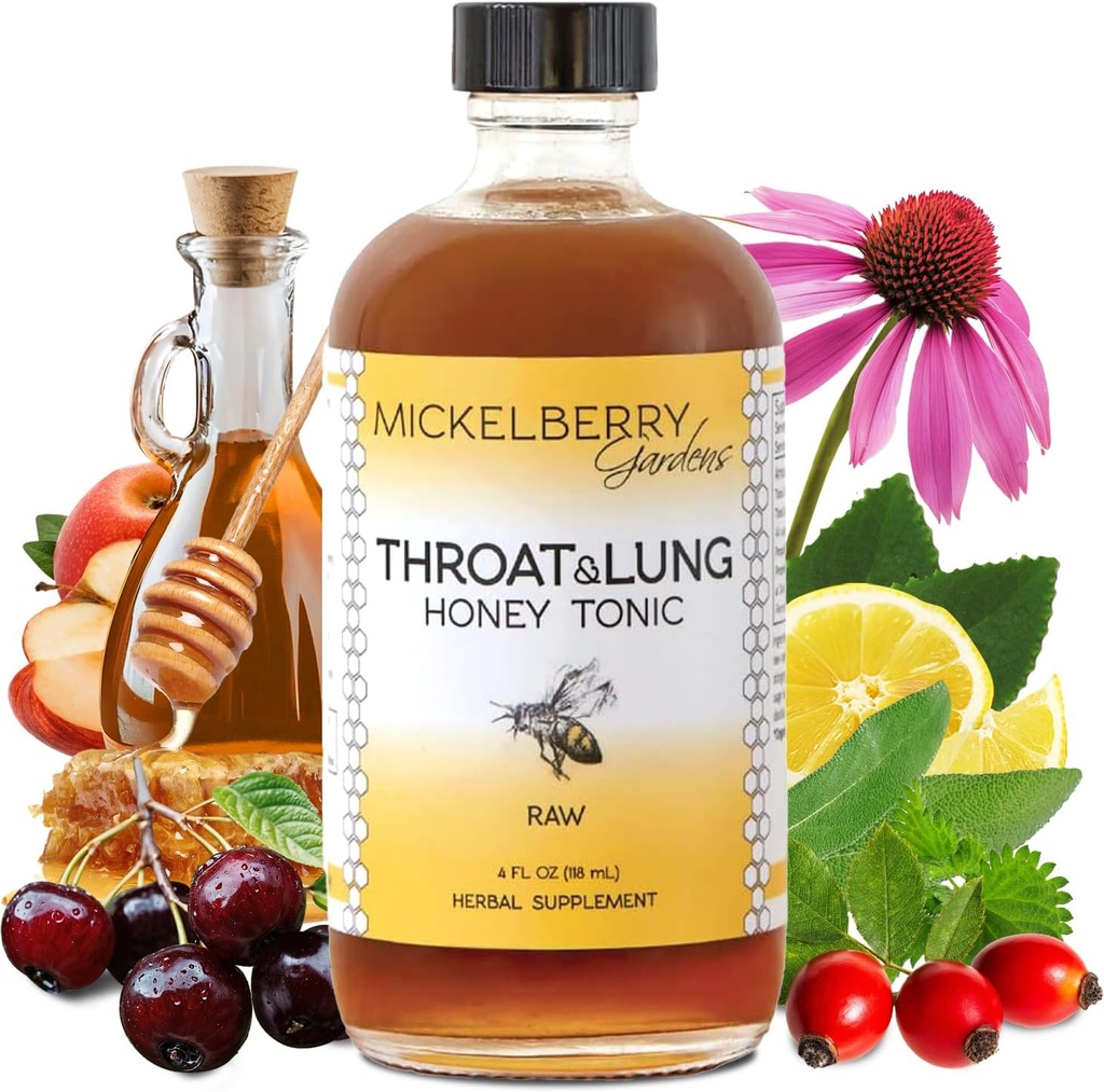 Mickelberry Gardens Garganta e Tônico de Mel Pulmão: Xarope de Bem-Estar, Alivio Natural de Garganta Dolorida, Suporte Imune e Supressor de Tosse para Adultos e Crianças (4 onças)