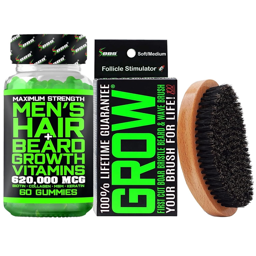Kit de crescimento de barba w/ 620,000mcg 14-em-1 chicletes de BIOTIN/vitaminas de crescimento de beard e vitaminas de crescimento de cabelo para homens + substituição de 100% vitalícia primeiro corte escova de bristle javali e escova de onda 360 para homens