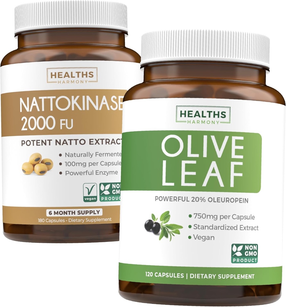 Nattokinase & Olive Leaf (fornecimento de 6 meses) Fluxo & Bem-Estar Mix - Nattokinase 2000 FU Powerful Naturally Fermented Soybeans (6 meses) & Olive Leaf Extract Super Strength with 20% Oleuropein