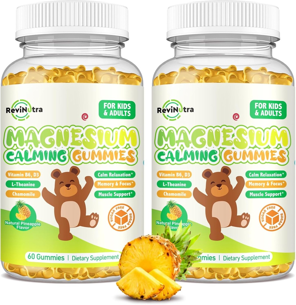 Gummies de magnésio para crianças - Magnésio Glicinate Gummies Suplemento com L-Theanina, Vitamina B6, D3 para adultos e crianças, Magnésio calmo para dormir, Relaxação, Cérebro, ossos, abacaxi livre de açúcar 120ct