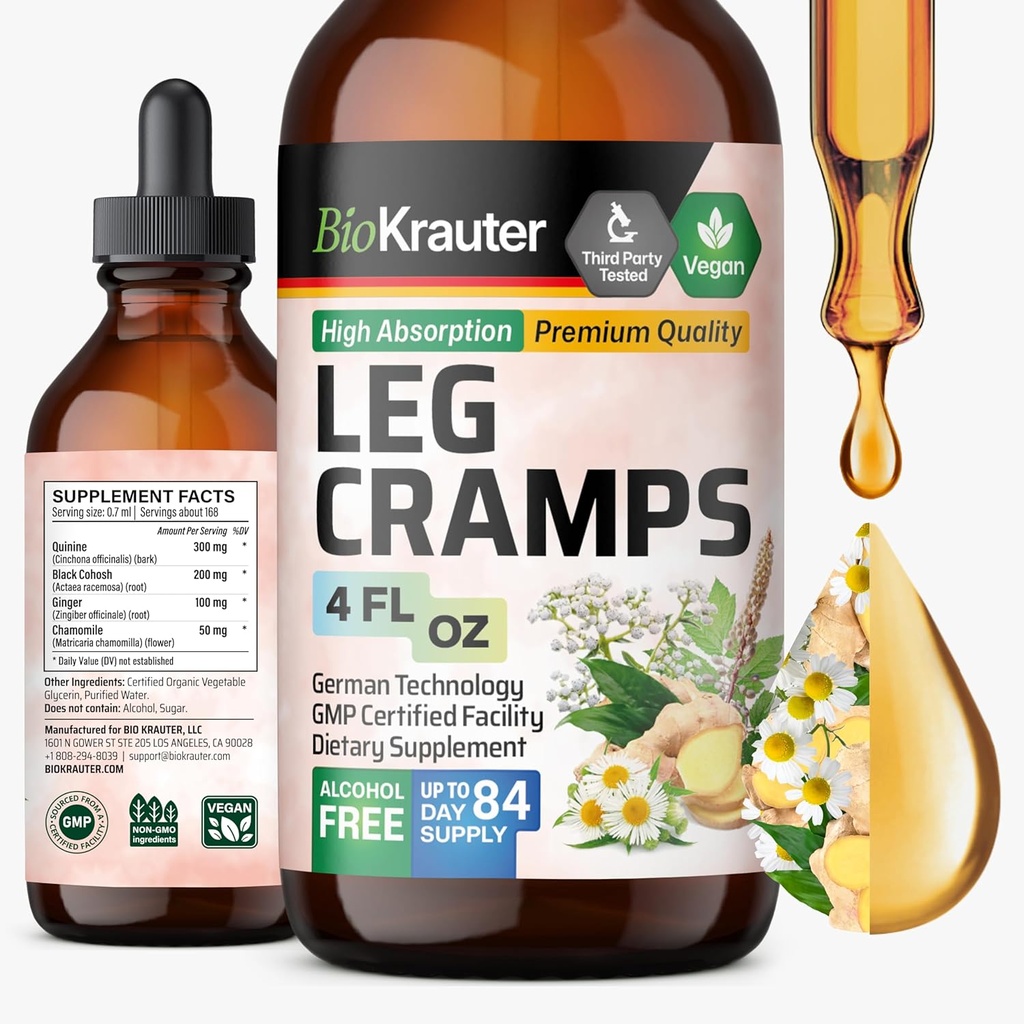 BIO KRAUTER Perna Cãibras Tintura com Quinino - Ginger & Camomila Extratos líquidos para Cãibras Pernas - Natural Álcool & Açúcar Free Formula - Vegan Drops 4 Fl.Oz.