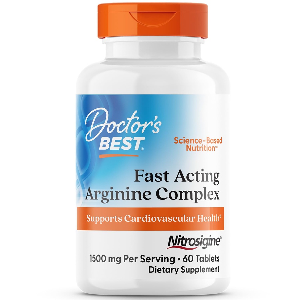 Complexo de Arginina de melhor ação rápida - L Suplementos de Arginina para homens e mulheres, Ajuda o nível de óxido nítrico, fluxo de sangue e apoio à saúde cardiovascular, 1500 mg por serviço, Vegan - 60 Comprimidos