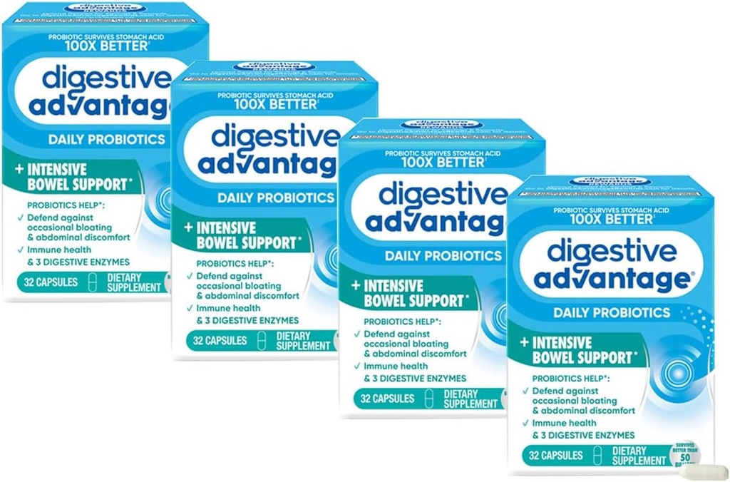 Digestive Vantagem Intensive Bowel Suporte Probiótico Defende contra o gás e Bloating, 32 cápsulas de contagem (4 Pack)