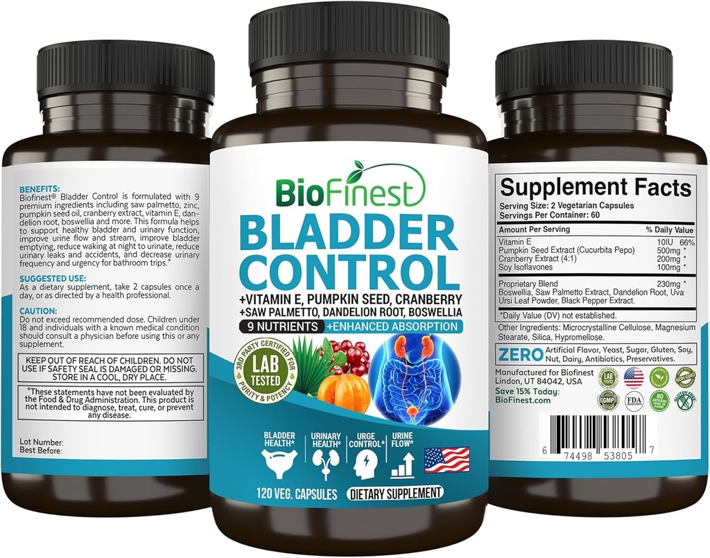 BioFinet Bladder Control Supplement for Men & Women - 120 Veg. Cápsulas - Saw Palmetto, Cranberry, Pumpkin Seed, Vitamina E, Boswellia, Raíz de Dandelion - Saúde da bexiga do trato urinário - Made in USA