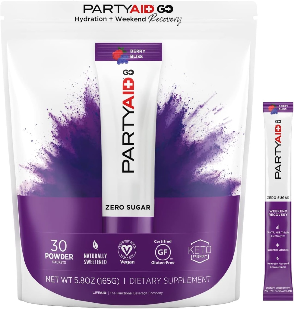 PARtyAID GO Sinta-se bem esta noite e amanhã, Zero açúcar, 5-HTP, B-Complexo, Cardo de leite, Eletrolitos, Sem sabores artificiais ou adoçantes, Cafeína-livre, 30 contagem (Pacote de 1)