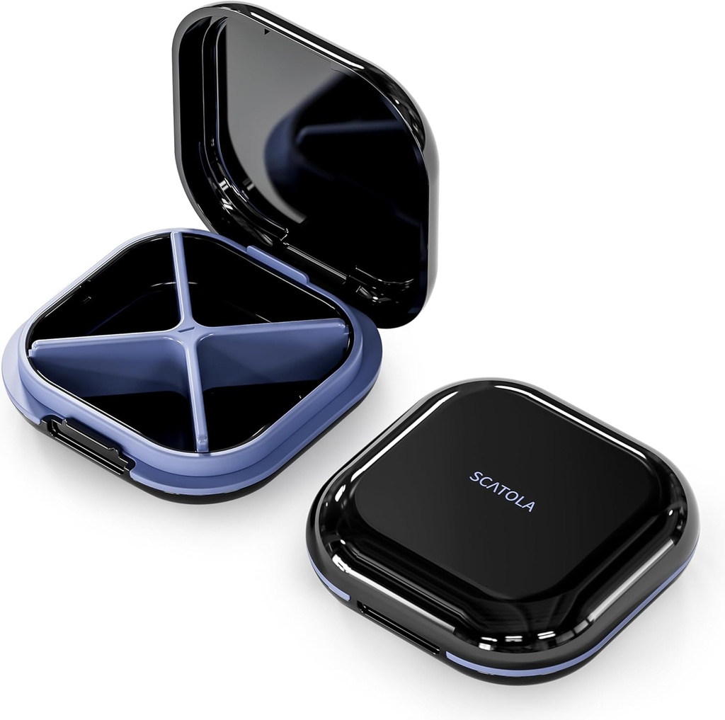 Caixa de pílulas pequenas, caixa de pílulas de viagem, organizador de pílulas portátil, recipiente de pílulas para compartimentos de bolso 4, suporte de medicina de viagem compacta diária para medicamentos de vitaminas (preto)