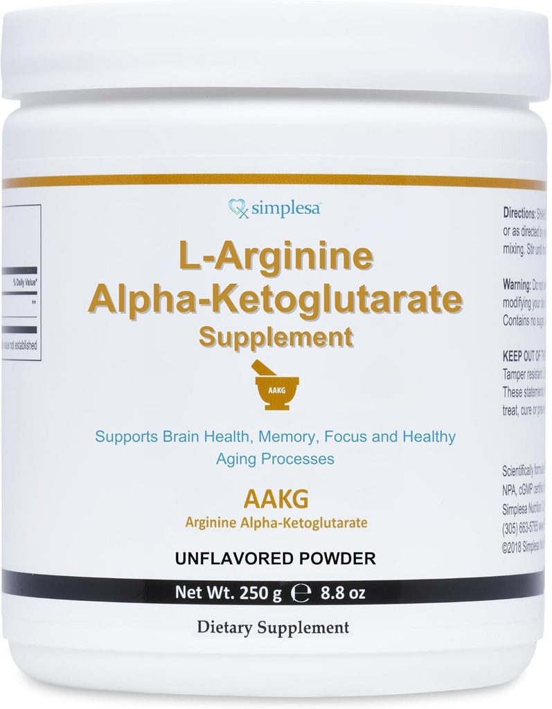 Simplesa AAKG Arginina pó, L-Arginina Alpha-Ketoglutarato Suplemento, 2000mg por serviço, Suporta a saúde do cérebro, memória, foco e saudável processos de envelhecimento, 250g de pó Suplemento