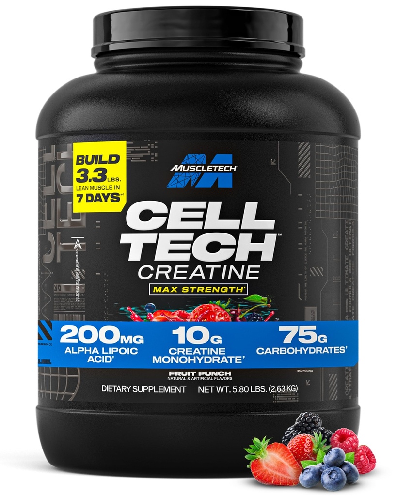 MuscleTech Creatina Mono-hidratado em pó - Cell-Tech Creatina Pó Pós Treino Recuperação Drink, Muscle Builder & Musclebuilding Creatina Suplemento - Fruit Punch, 6 lbs (56 Serv) - Embalagem Maio Vary