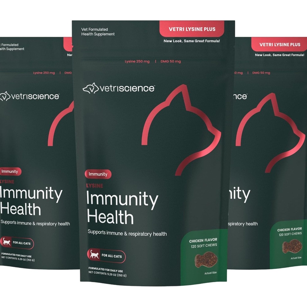VetriScience Lysine Immunity Health Chews, 250 mg Lysine Plus Imune Supplement for Cats and Kittens with Allergies, Snizzing, Runny Nase and Watery Eyes, Chicken, 3 Pack