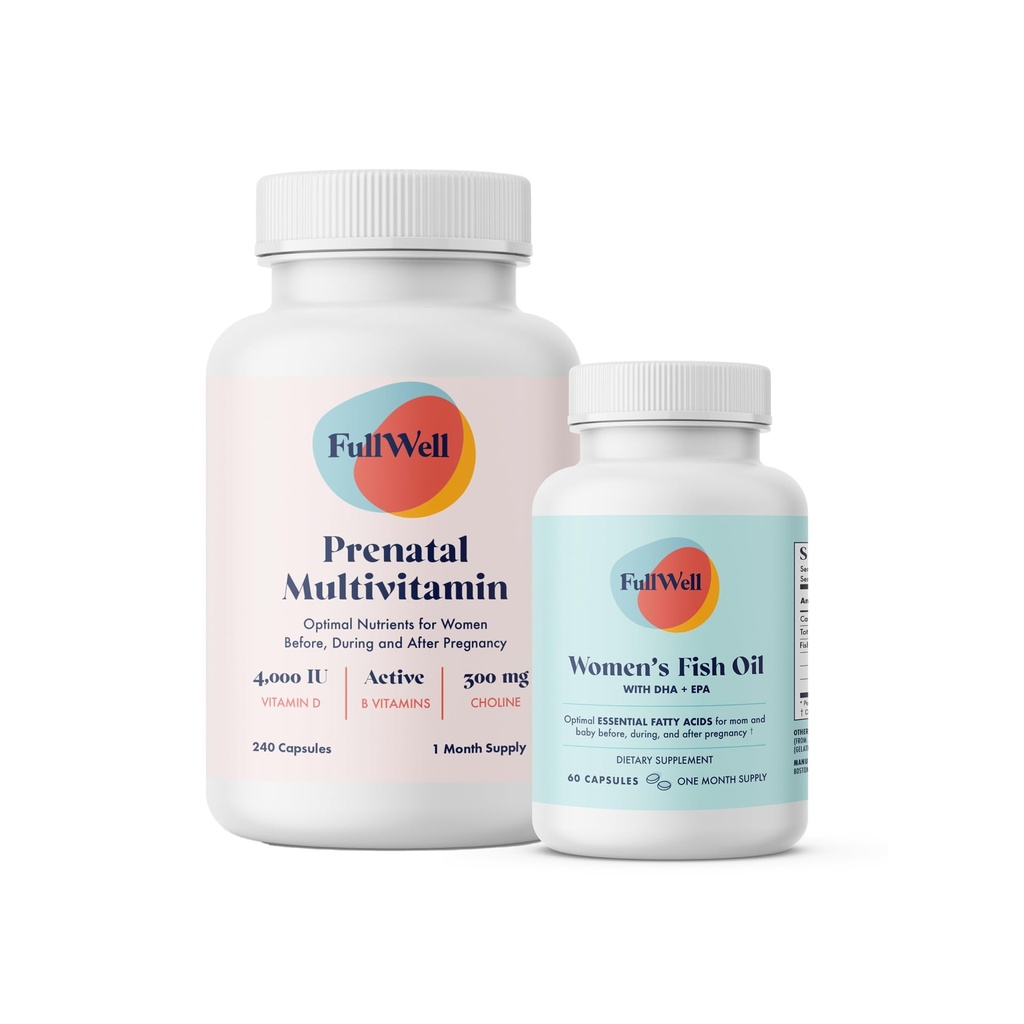 Fullwell Vitamina pré-natal + DHA óleo de peixe Omega 3 com DHA e EPA para desenvolvimento do cérebro e suporte do sistema nervoso Nutrientes Vitais, Não-GMO, 3o Partido Testado, 30 Servimentos