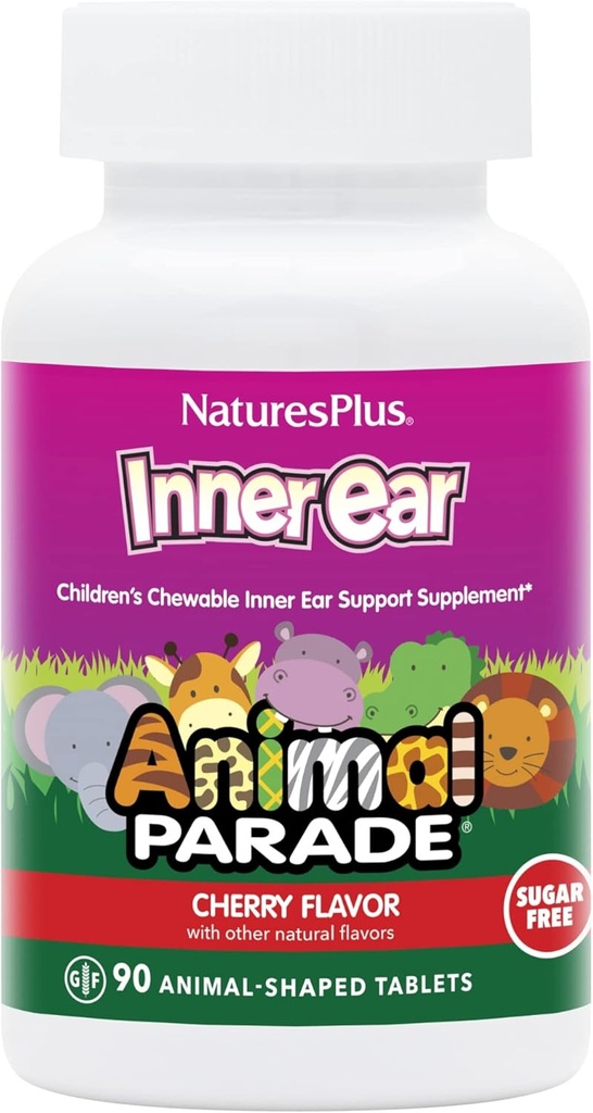 Natures Plus Animal Parade Inner Ear Support Children's Chewable - Natural Cherry Flavor - 90 Comprimidos em forma de animal - Suplemento Probiótico - Gluten Free - 45 Servings