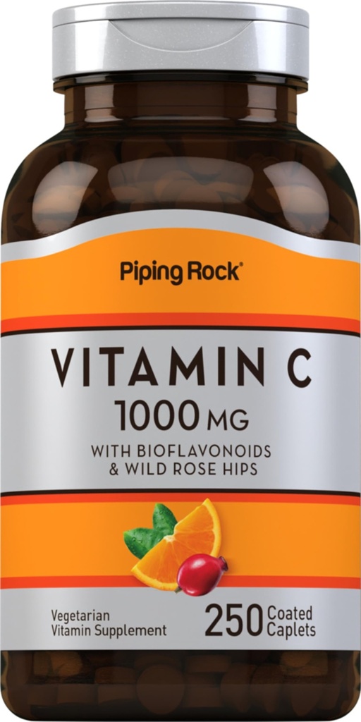 Vitamina C de rocha de tubagem 1000mg 250 Caplets com Bioflavonoids & Rose HIPS - Vegetarian, Non-GMO, Gluten Free Supplement