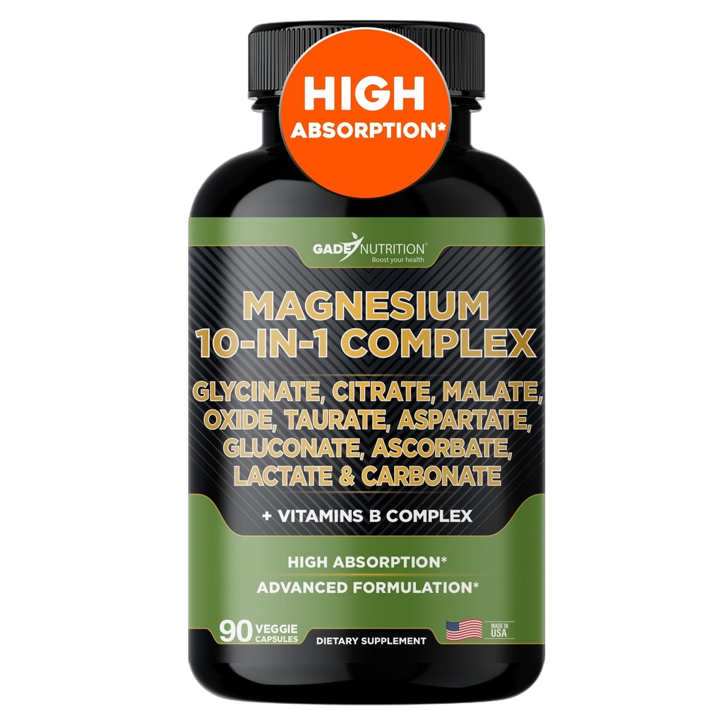 Complexo de Magnésio de Nutrição Gade 10 em 1 - Glicenato, Citrato, Malato, Óxido, Taurato, Aspartato, Lactato de Gluconato Lactato de Carbonato de Zinco Manganês e Vitaminas (90 Count of 1))