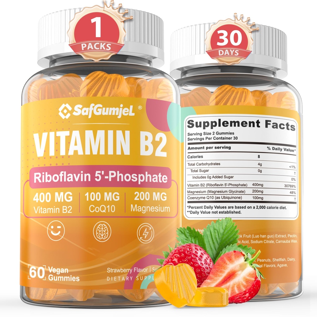 Vitamina B2 Gummies Riboflavina 400mg com Magnésio & CoQ10 para alívio de enxaqueca e alívio da dor de cabeça     .