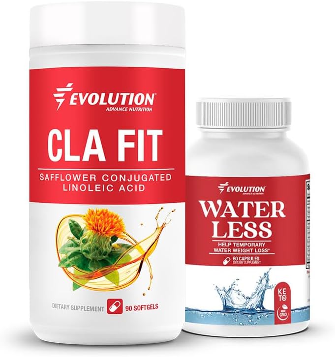 Evolution Advance Sport Nutrition CLA Fit – Suplemento de ácido linoleico conjugado de girassol, suportar a massa muscular magra, promover a energia (90 Softgels) + água menos – reduz a retenção de água (60 cápsulas)