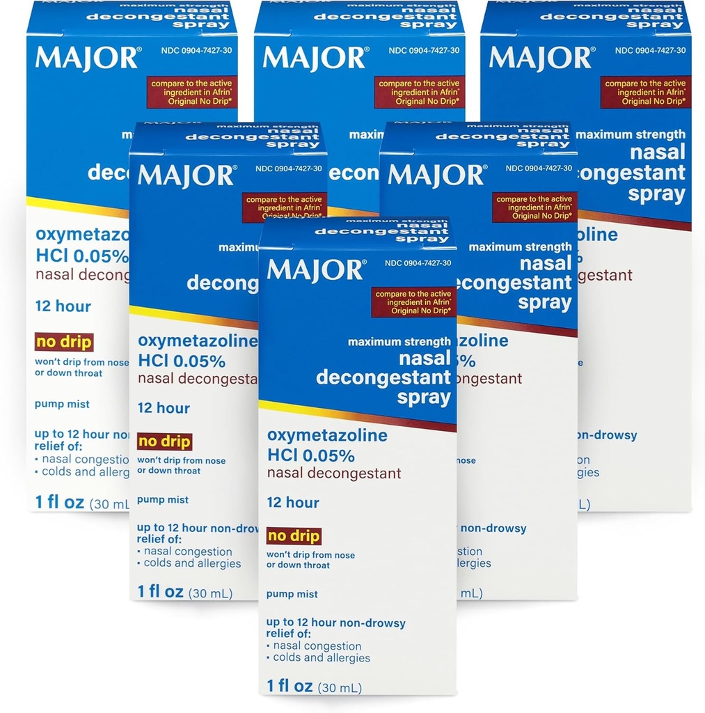 MAJOR Máxima Força Pulverização Descongestionante Nasal, Oximetazolina HCl 0,05% Névoa da Bomba, Spray Nasal Não-Drowsy, até 12 horas de alívio de congestão nasal, resfriados e alergias 1 Fl. Oz. (6-Pack)
