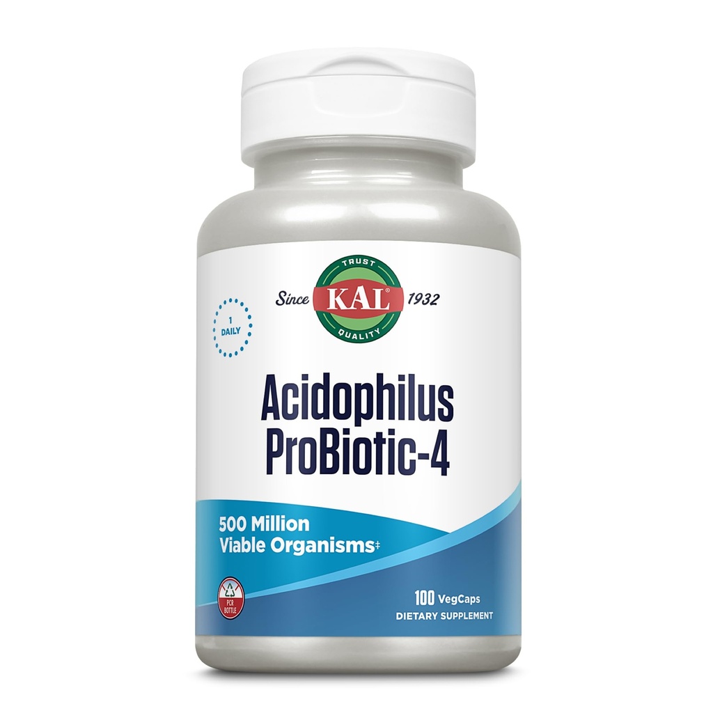 KAL Acidophilus ProBiotic-4, 500 milhões de UFC, Quatro Deformações Probióticas, Probióticos para Mulheres e Homens, Freeze Seca, L. acidophilus, L. bulgaricus, S. thermophilus, B. bifidum, 100 Servings, 100 VegCaps