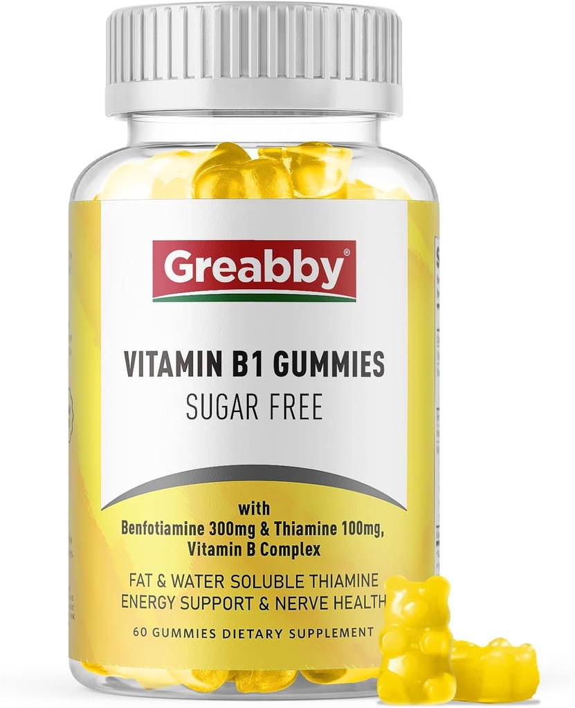 Vitamina B1 Gummies - Benfotiamina 300mg & Thiamine 100mg, Livre de Açúcar, Suplemento Mastigável Complexo Vitamina B, Impulso de Energia e Sistema Nervoso Saúde para Mulheres Homens, 60 Gummies