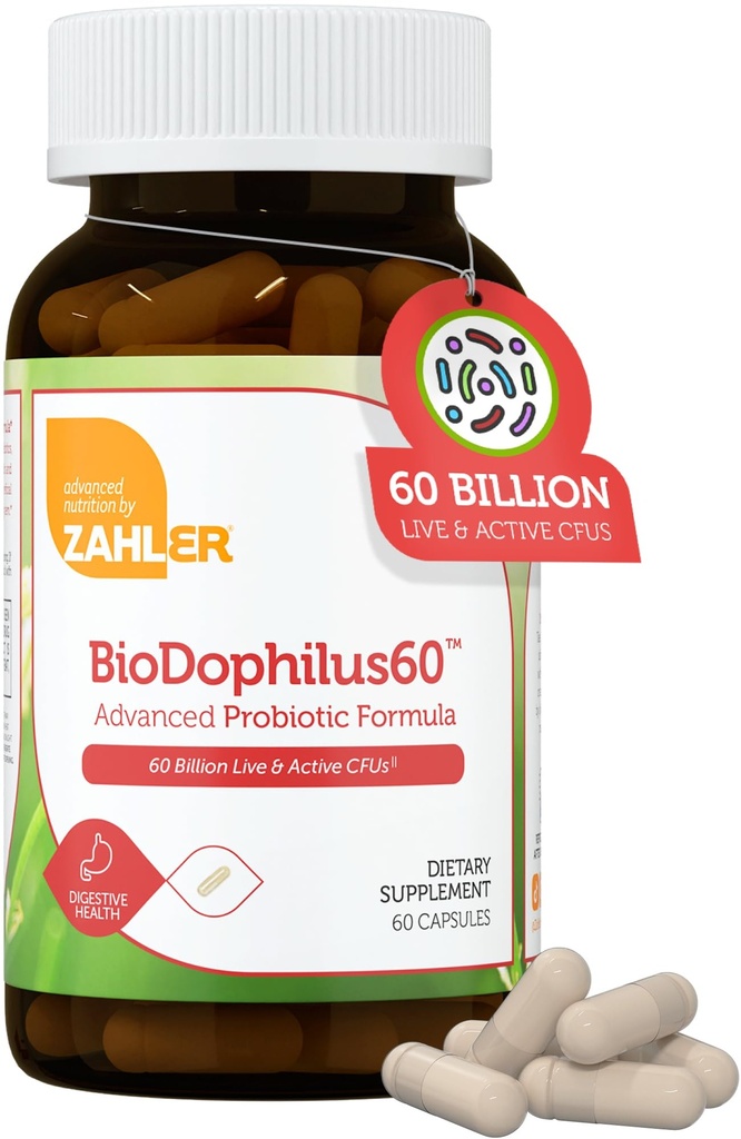 Zahler BioDophilus60, 60 bilhões de UFC Probiótico + Prebiótico - 11 Strains Daily Probiótico Suplemento - Kosher Probióticos para Mulheres para a Saúde Digestiva, Probióticos para Homens para Gut Saúde (60 Cápsulas)