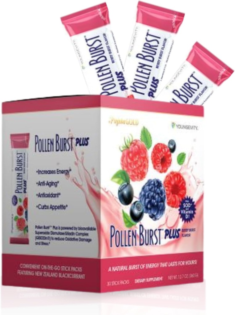 Youngevity Projoba Pollen Burst Plus Berry – Bebida de energia natural com pólen de flores, vitaminas e antioxidantes – Suporta energia mantida e bem-estar geral – 30 pacotes