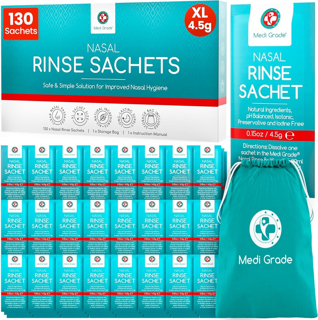 Pacotes Medi Grade Sinus Rinse – Kit Nasal Rinse Essentials de 130 x Pacotes de sal e saco de armazenamento conveniente - Desfrute de irrigação nasal sem esforço em casa ou em curso com nossos pacotes Neti Pot Salt