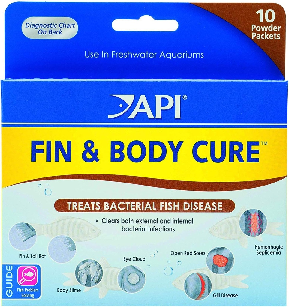 API 2 Pacote de Fin and Body Cure Fish Medication Powder for Treatment of Bacterial Diseases, Treats Body Slime, Eye Cloud, Fin and Tail Rot, and Gill Disease (10-Count) (2 items)