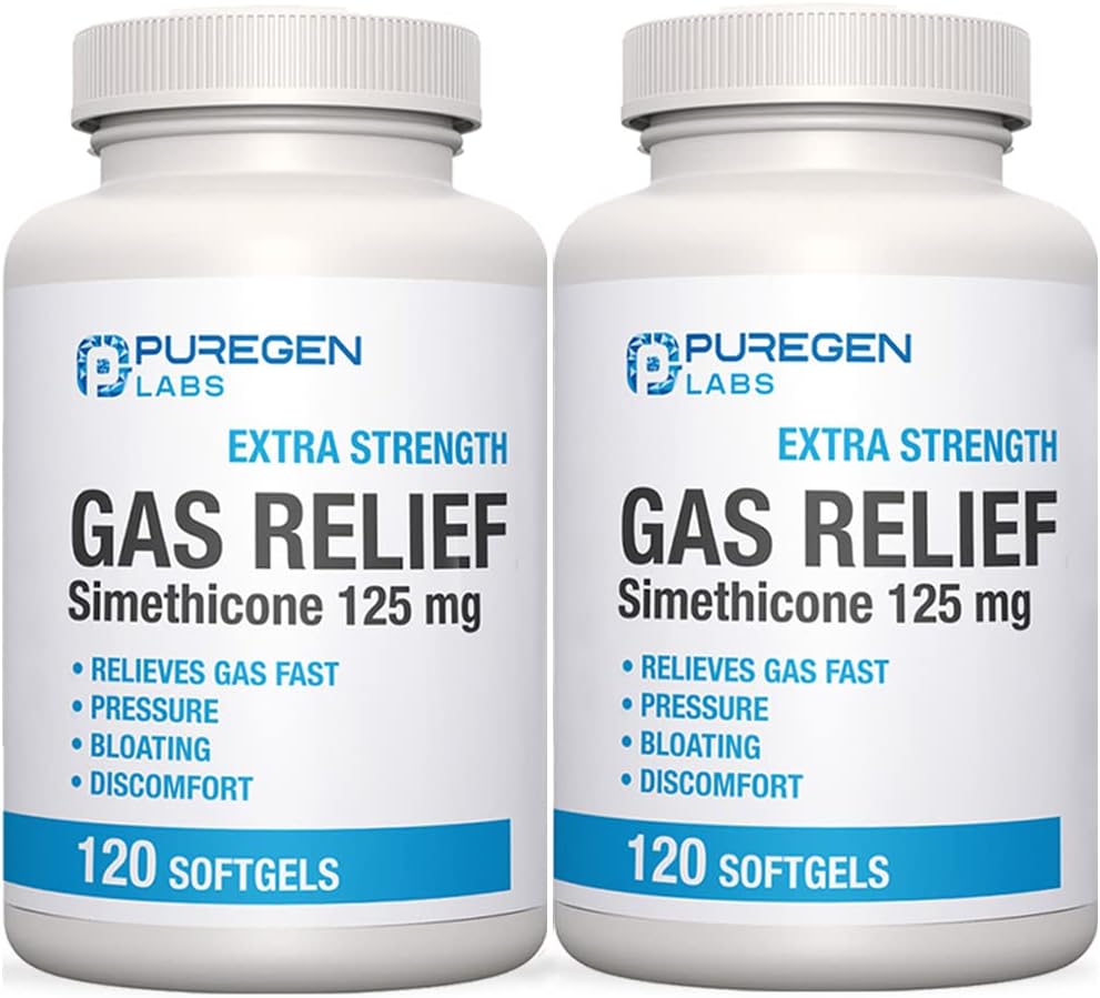 P Puregen Labs Alívio de gás de força extra Softgels com Simethicone 125 mg .. Alivio rápido de pressão, inchaço e desconforto doloroso – 2 Pack .