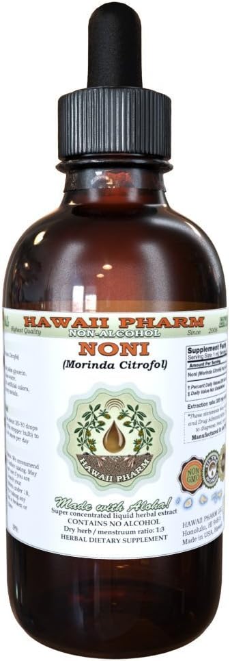 Noni extrato líquido livre de álcool, Noni orgânico (Morinda citrifolia) Glicerite de frutas secas Suplemento de ervas naturais, Hawaii Pharm, EUA 2 fl.oz