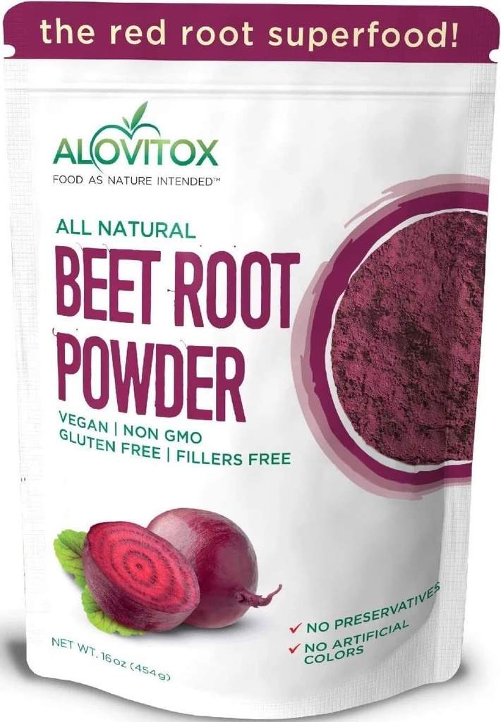 Alovitox Orgânico Beterraba Raiz Pó 100% fresco Extrato de raiz de beterraba, Superalimento de óxido nítrico, Alta em cálcio, ferro, potássio e folato