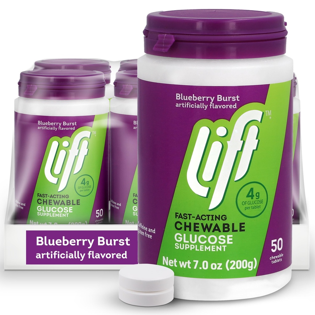 Lift Glucose □ Glucose de ação rápida Comprimidos de energia mastigável □ Mirtilo 50 ct Jar (Pacote de 6)