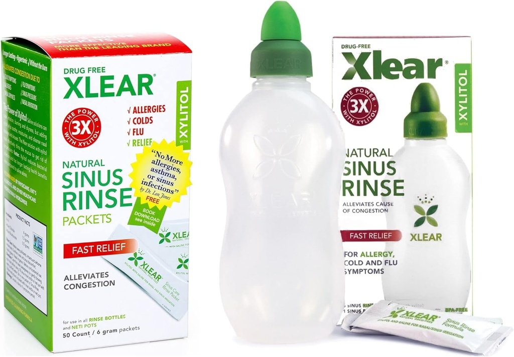 Xlear Natural Xilitol Sinus Rinse Refil, Neti Pot Saline Packets - limpador de nariz para pressão rápida e alívio de congestão, funciona com a maioria dos sistemas de irrigação nasal, 50 contagem e 1 garrafa de lavagem