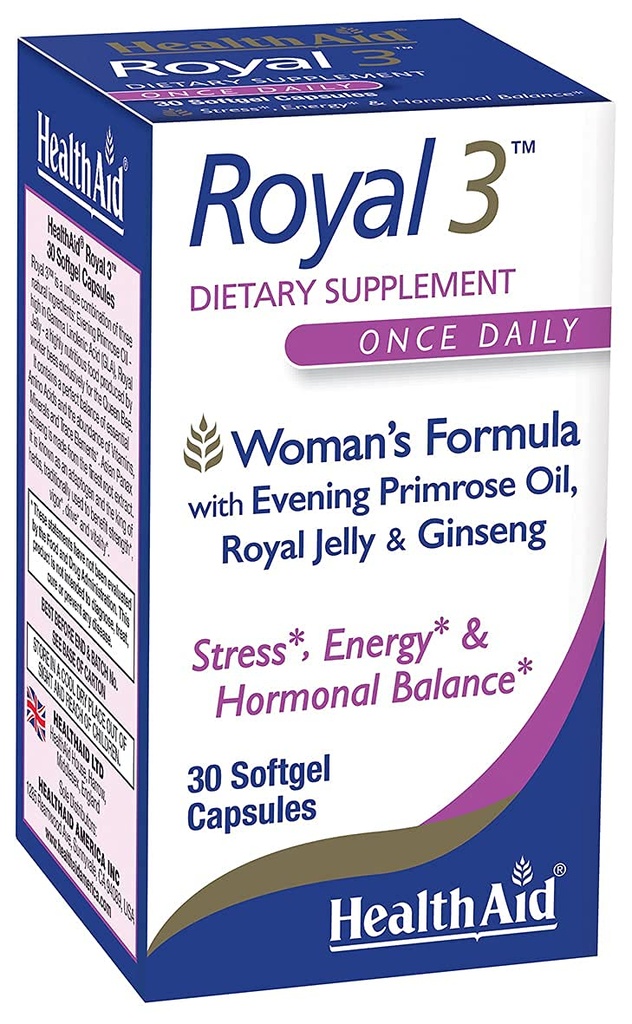 HealthAid Royal 3, com óleo de Primrose da noite, geléia real, Ginseng, Uma vez por dia, 30 cápsulas